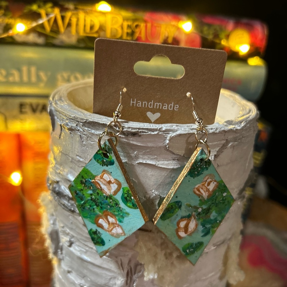 Brand new Handmade painted wooden earrings white water lilies